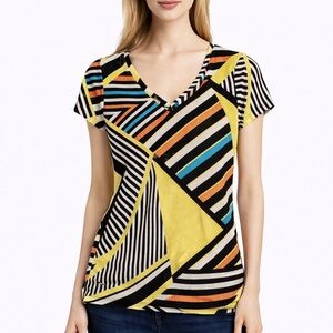 Dana Buchman Multicolor Geometric V-Neck Blouse
